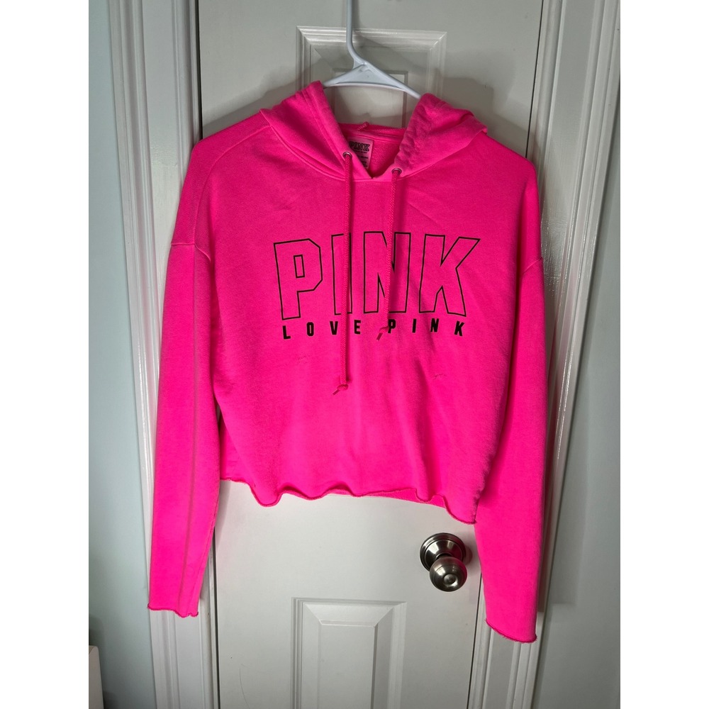 Vintage Victoria's Secret PINK Neon Pink Cropped Hoodie Cut Out Back XS